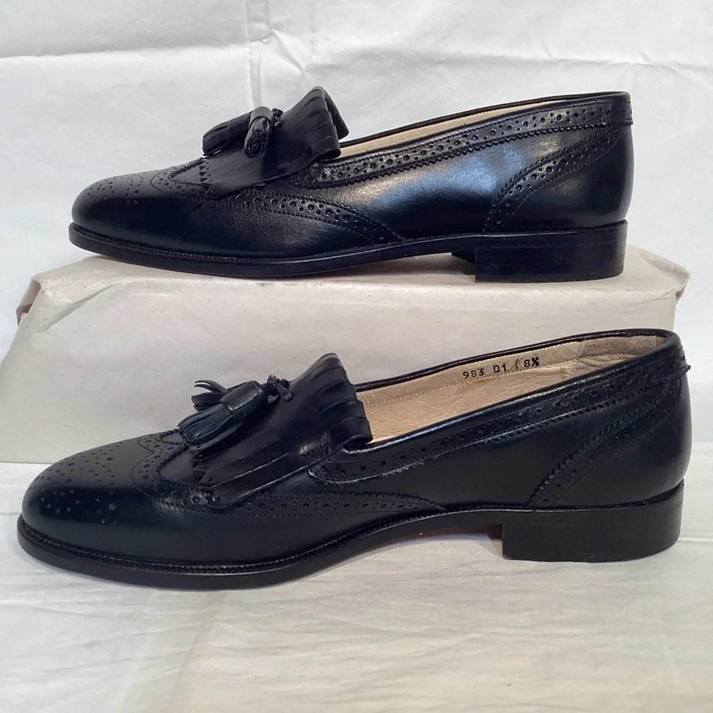 Brass Boot Vintage Italian Made Men's Black Leather Wingtip Tassel Loafers 8 1/2